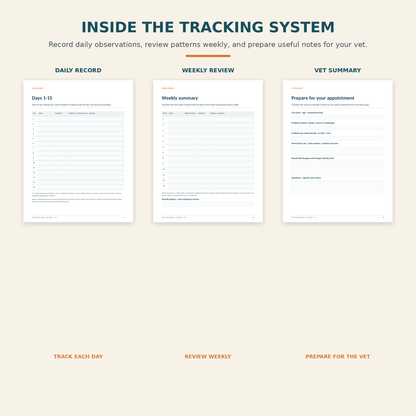 Inside the Tracking System showing Daily Record, Weekly Review and Vet Summary pages