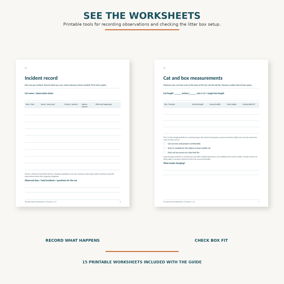 The Litter Box Fix printable worksheets showing the incident record and cat and box measurements