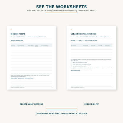 The Litter Box Fix printable worksheets showing the incident record and cat and box measurements